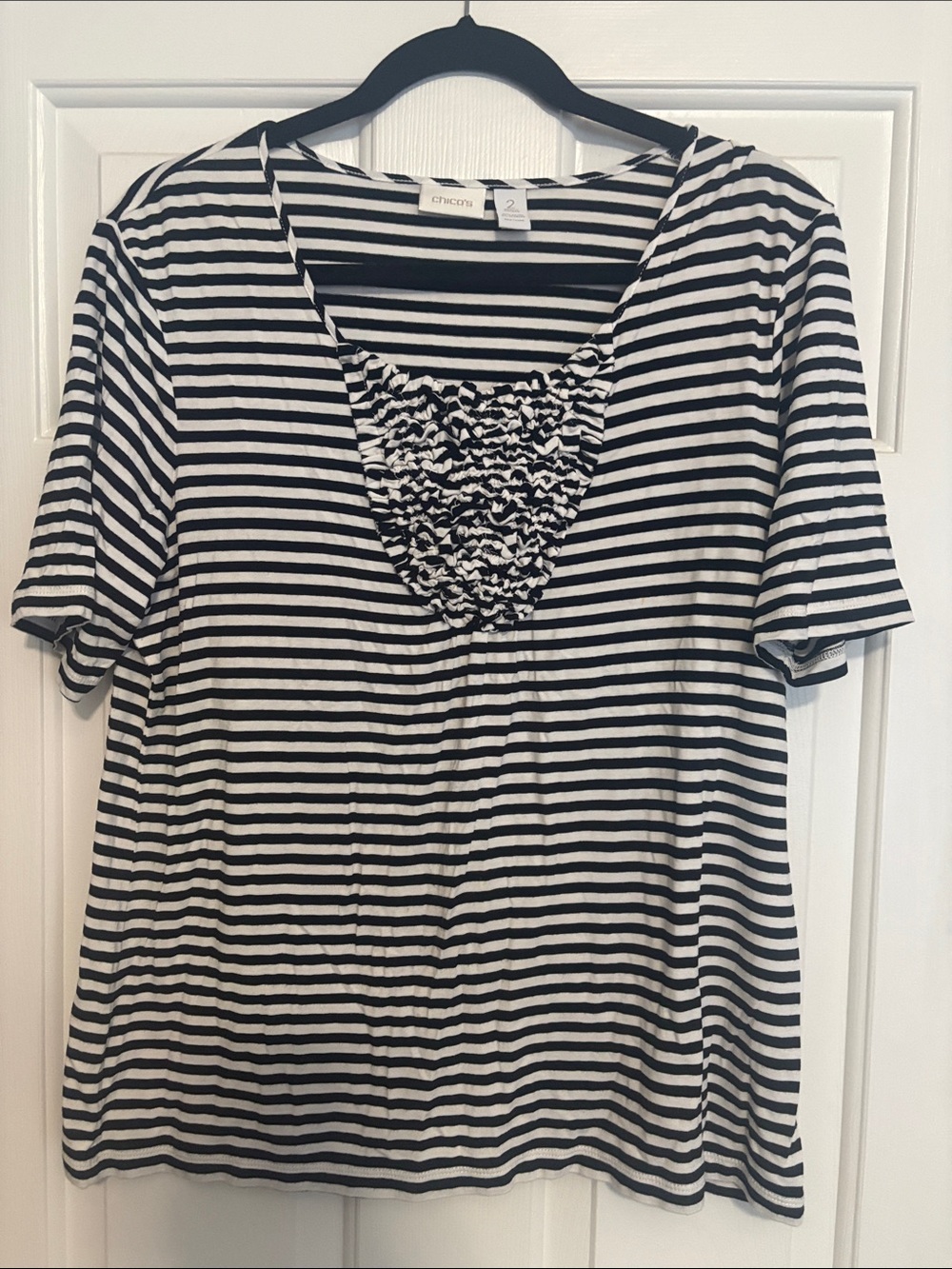 Chico's Black and White Striped Short Sleeve Top with Ruffle Inset